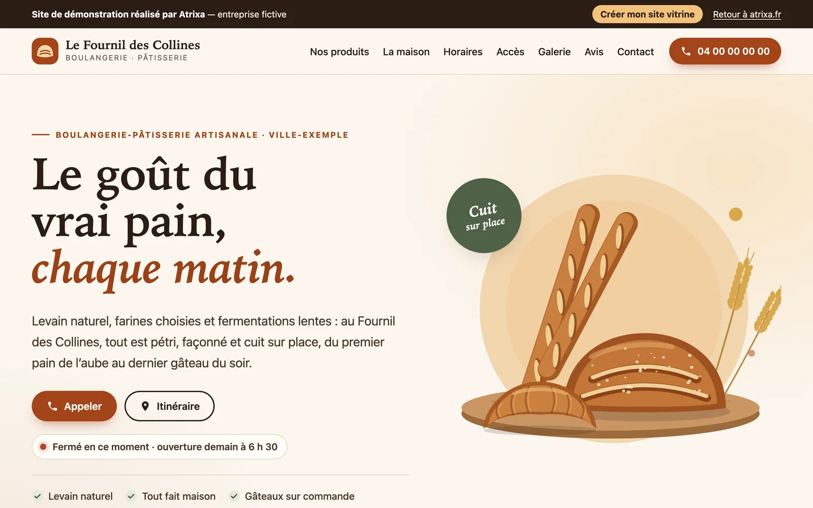 Aperçu du site vitrine de démonstration d'une boulangerie fictive